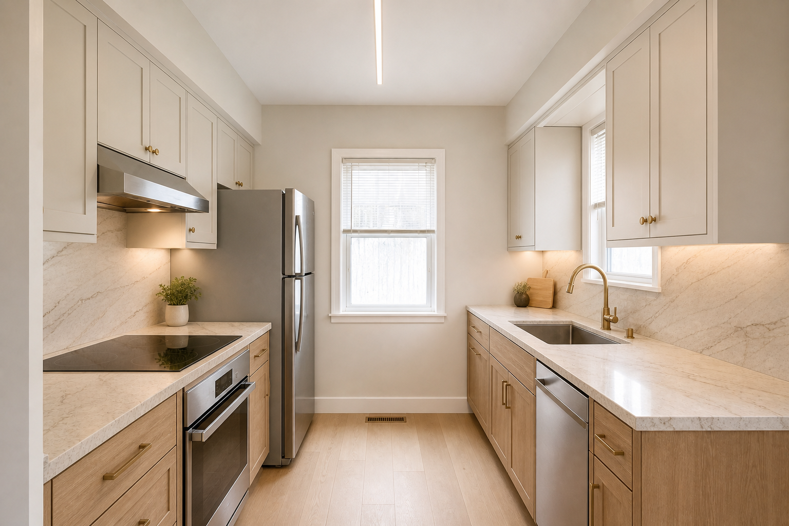 Finished kitchen with dark granite countertops